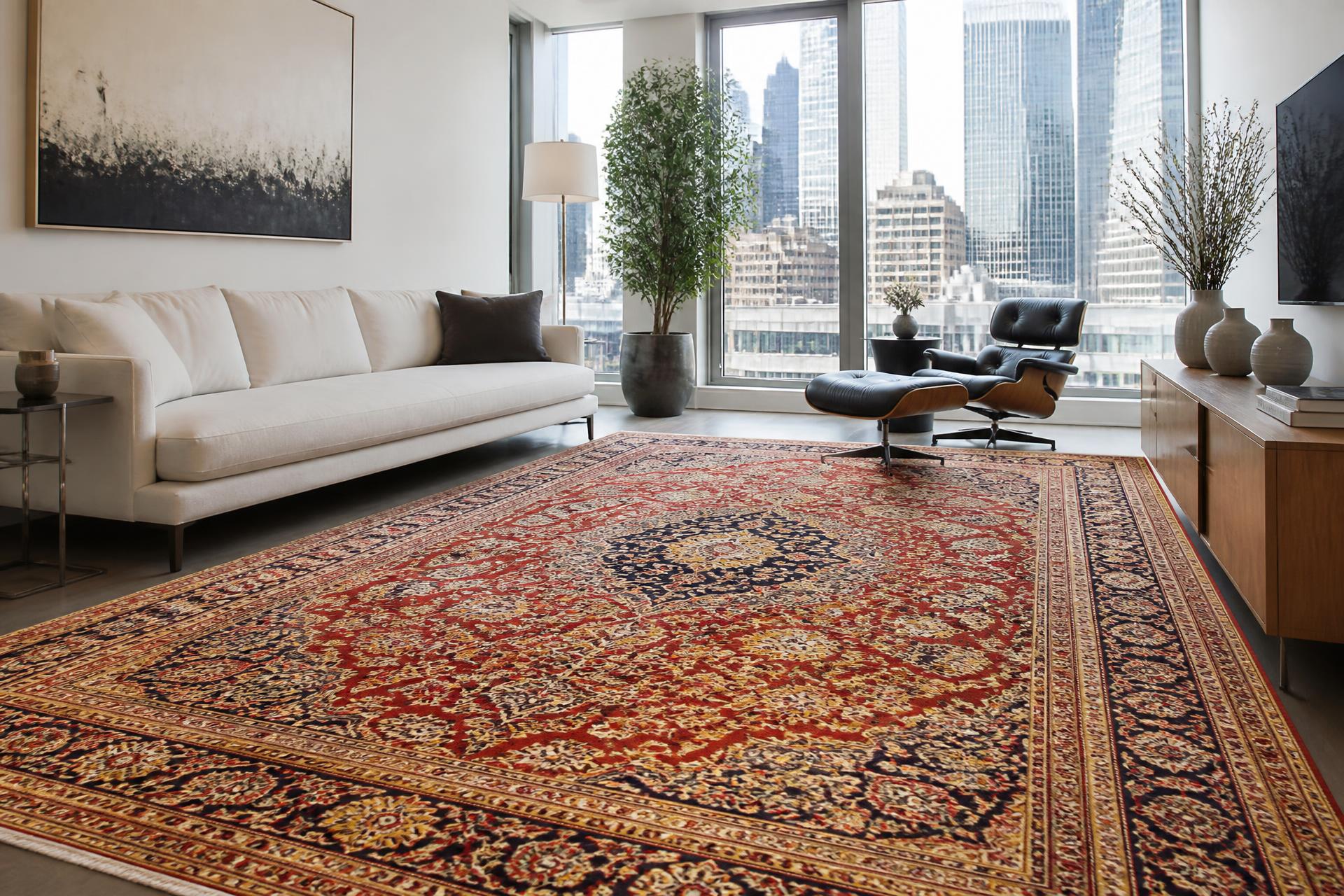 Large patterned oriental rug in a bright contemporary Manhattan apartment with tall windows